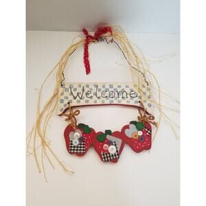Vintage Wood Handcrafted Welcome Plaque Apples Checkered Door Decor Cottagecore